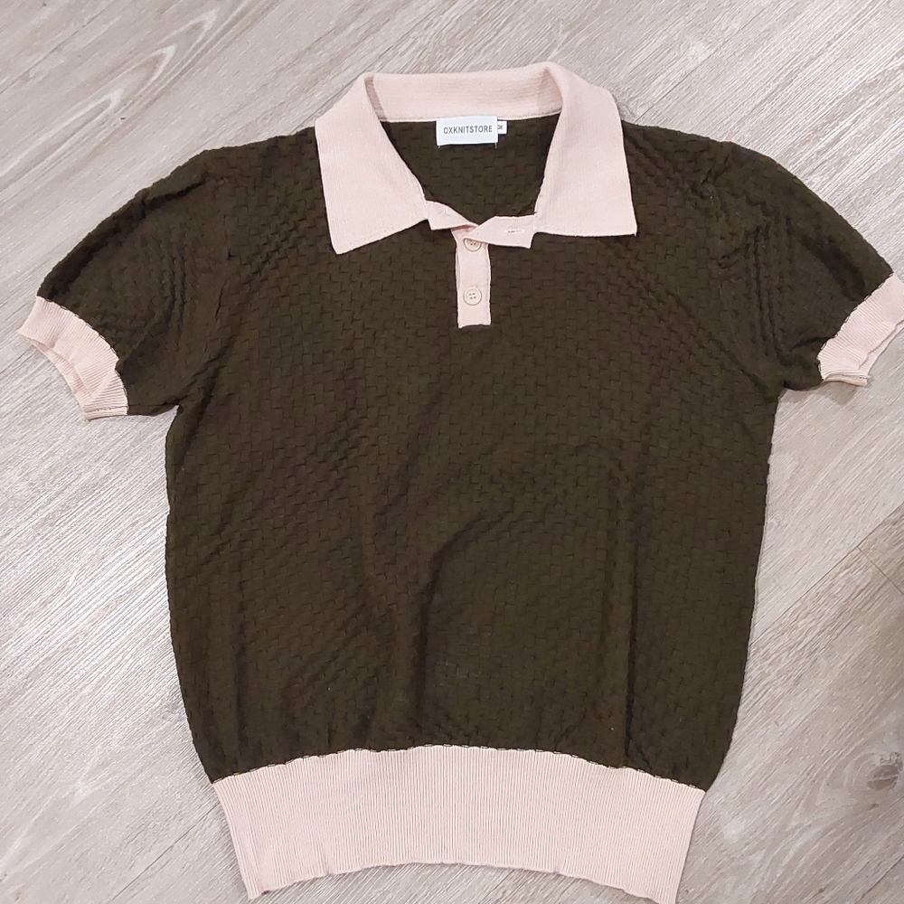 Deep Green And Cream Basket Knit Top